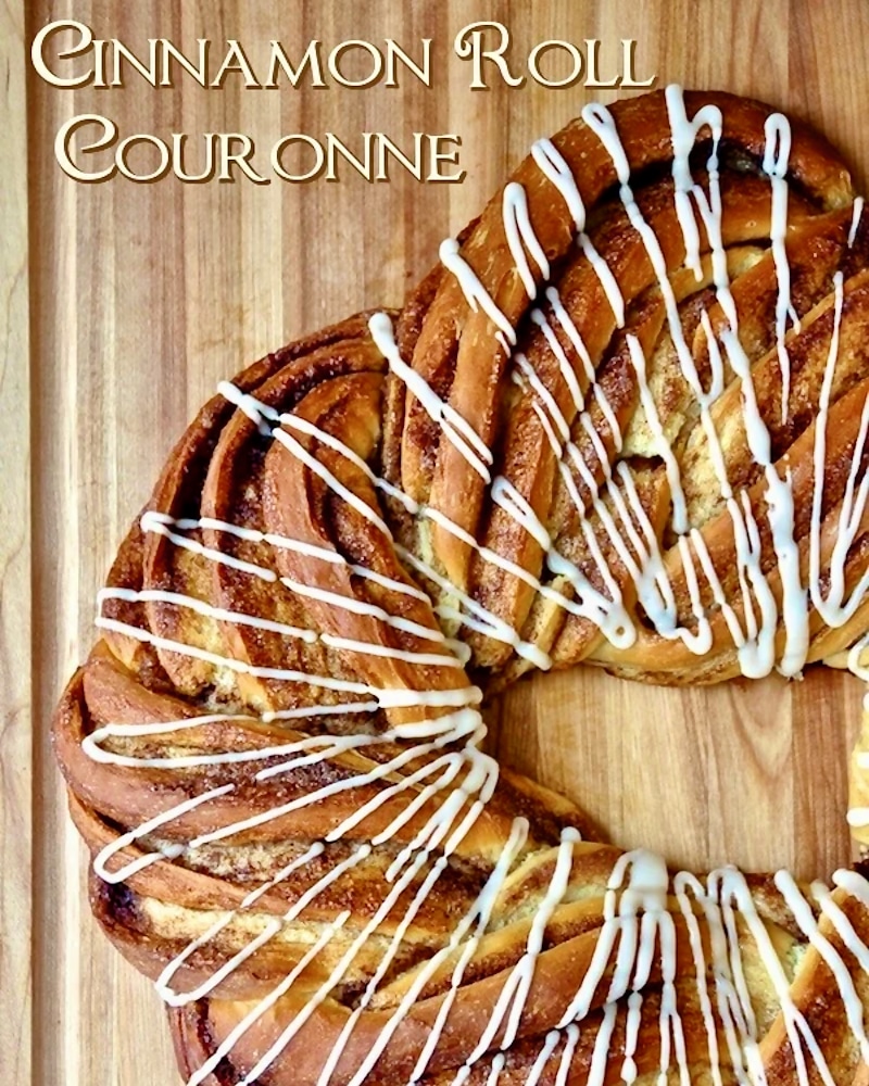 Cinnamon Roll Couronne photo of uncut couronne with titile text add4ed for social media posts.