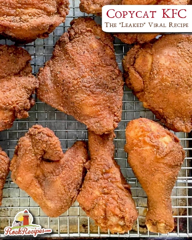 Copycat KFC cooling on a rack with title text added for social media posts.