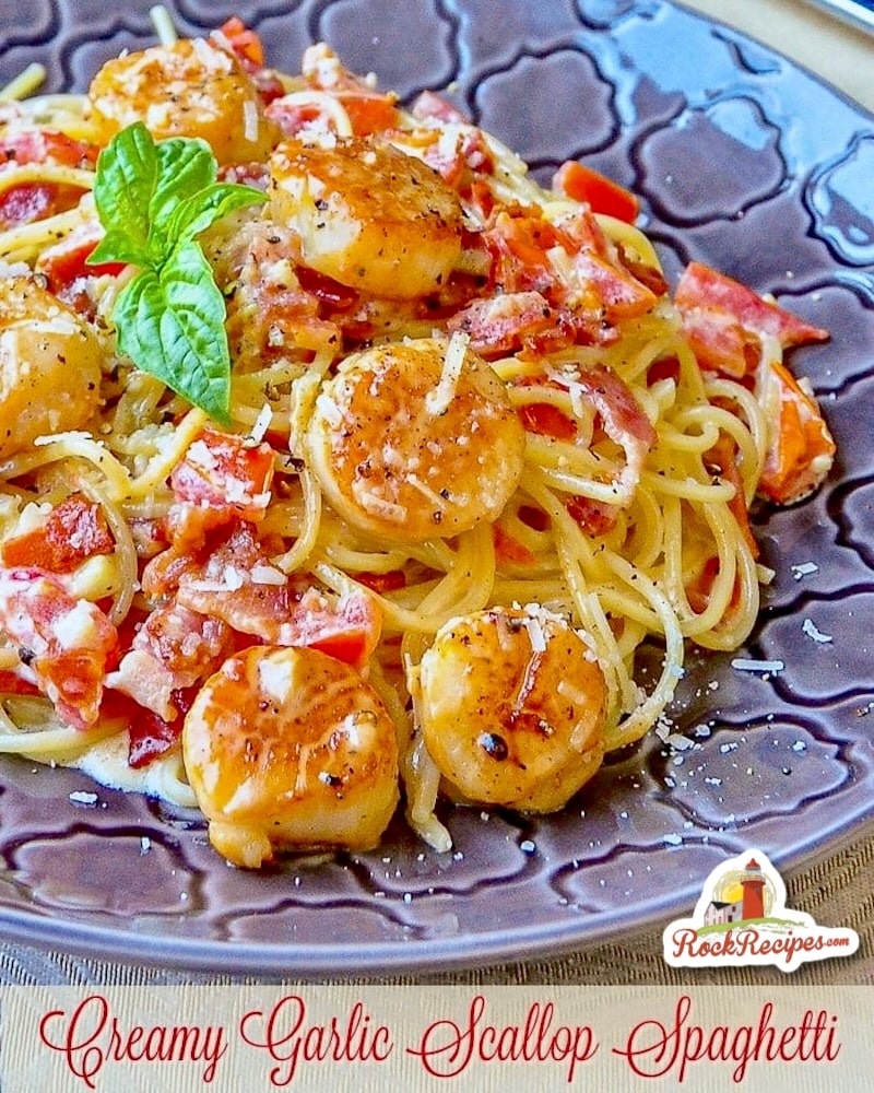 Creamy Garlic Scallop Spaghetti with Bacon photo with title text added for social media.