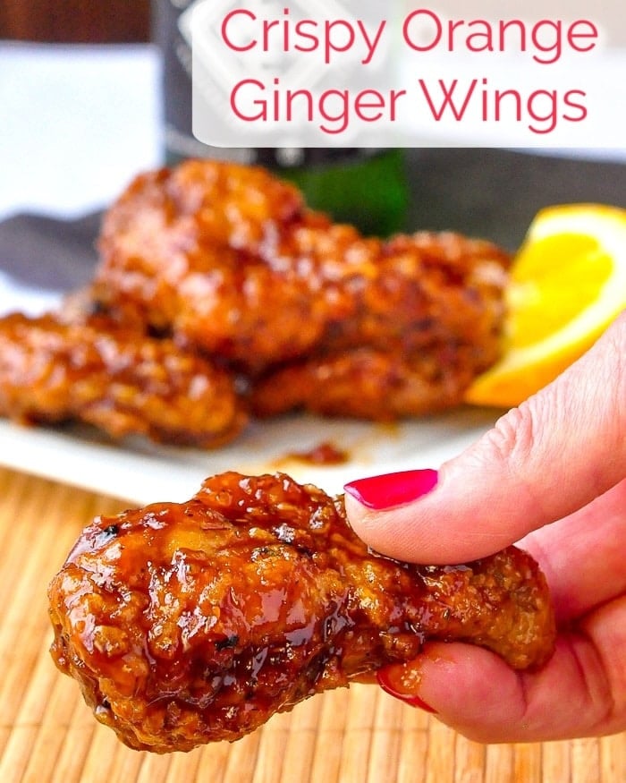 Crispy Orange Ginger Wings photo with title text added for social media.