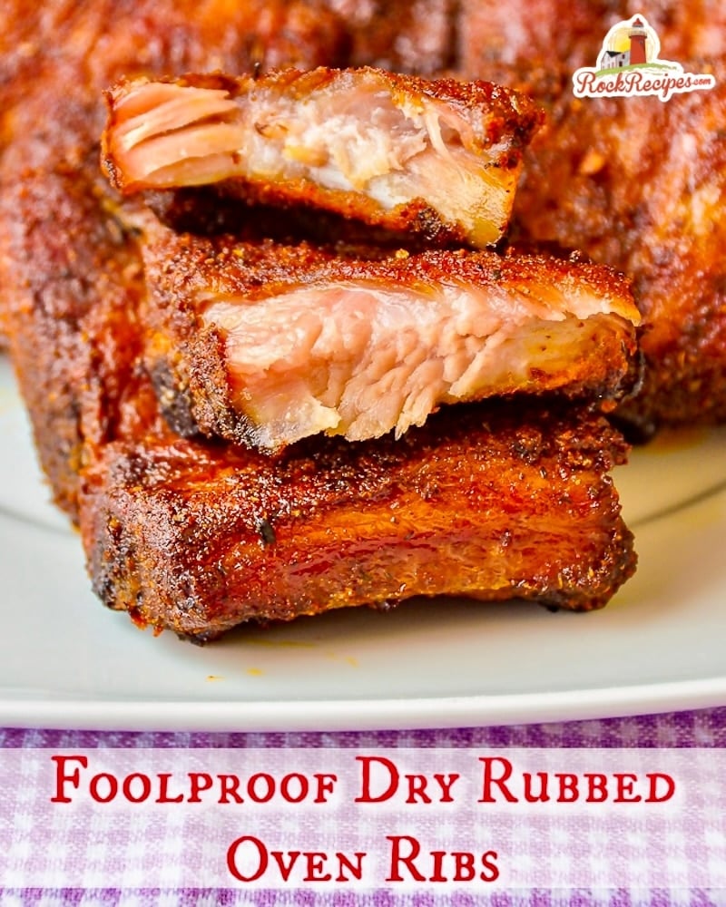 Foolproof Dry Rubbed Oven Ribs photo shown on a white platter with title text added for social media posts.