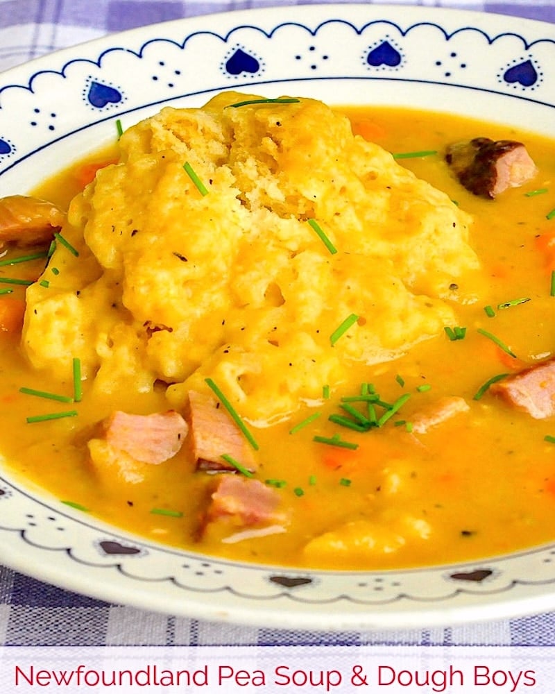 Newfoundland Pea Soup and Dough Boys photo of a single serving with title text added for social media.