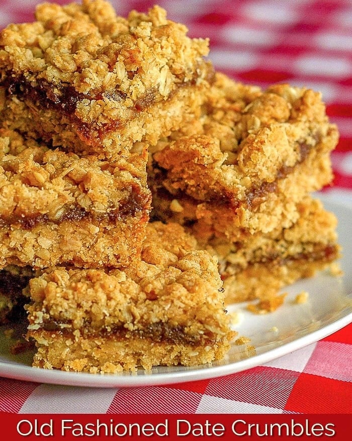 Old Fashioned Date Crumbles photo with title text added for social media and Pinterest