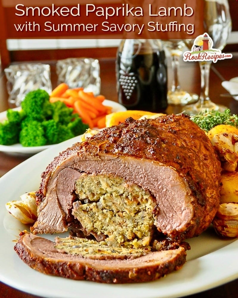 Smoked Paprika Lamb with Summer Savory Stuffing photo with title text for social media posts.