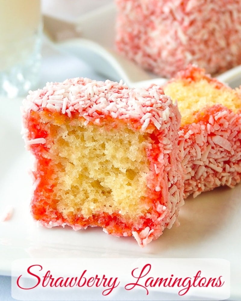 Strawberry Lamingtons photo with title text added for social media posts.