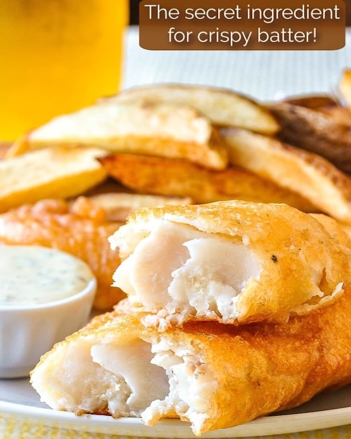 Super Crispy Fish and Chips photo with title text added for social media.