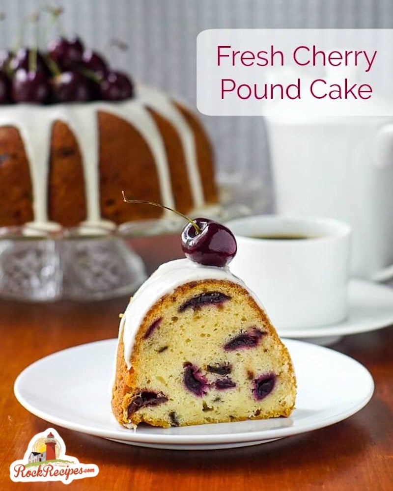 Cherry Cake slice with title text added for social media posts.