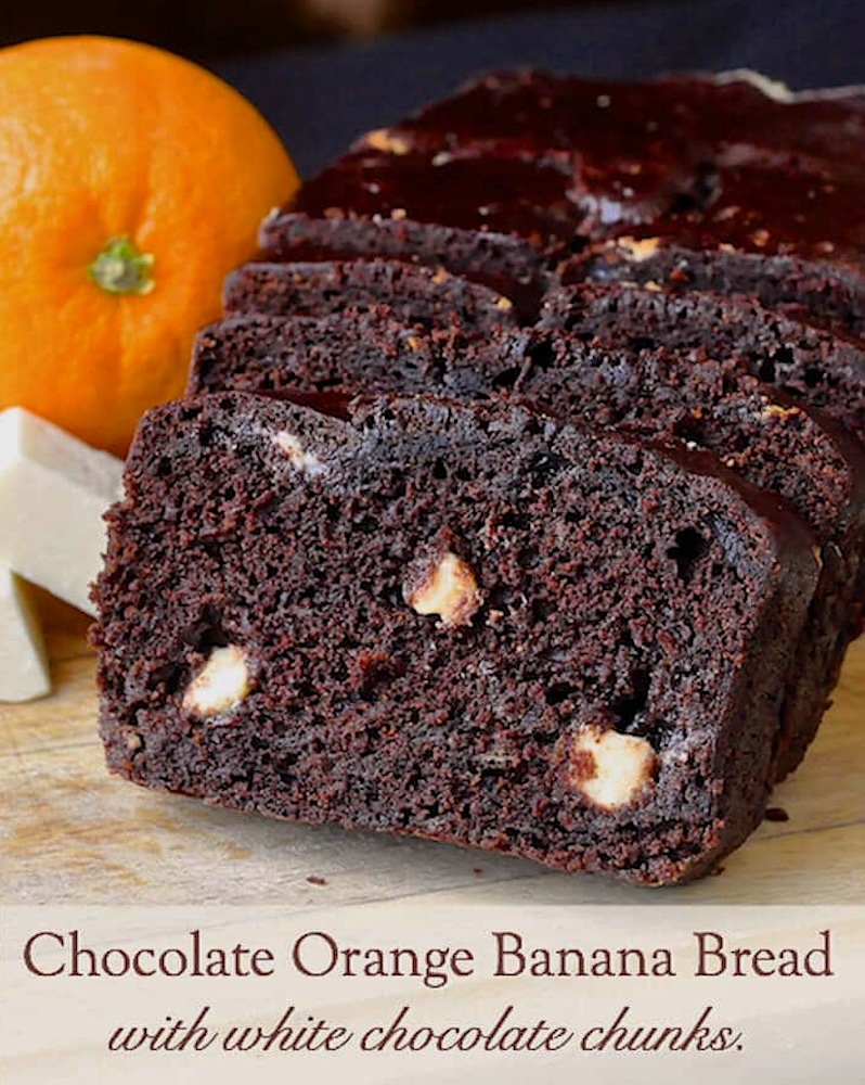 Orange Chocolate Banana Bread with White Chocolate Chunks image with title text for social media posting.