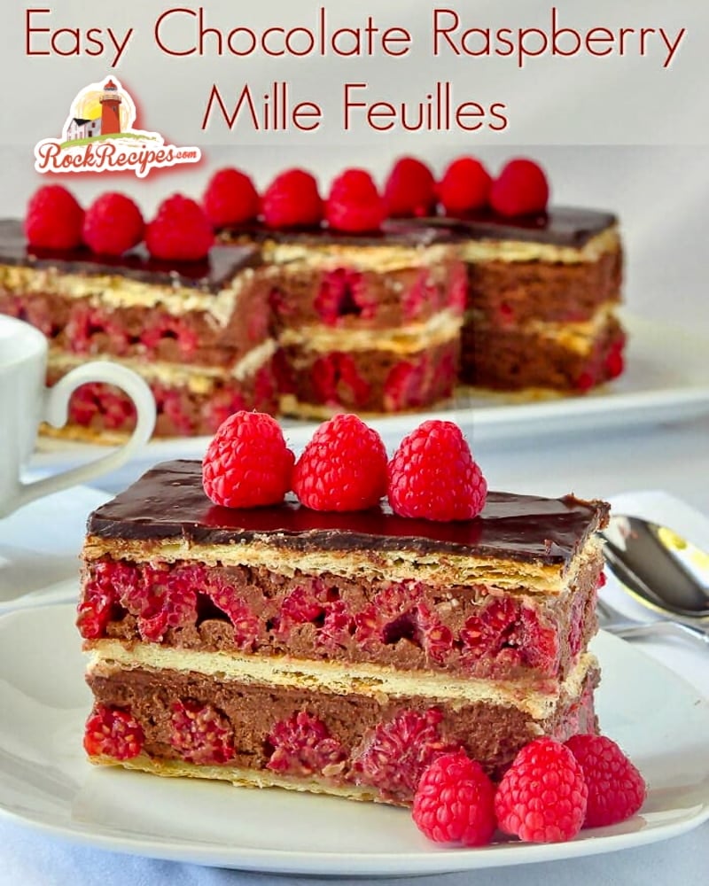 Raspberry Chocolate Mille Feuilles photo with title text for social media posts.