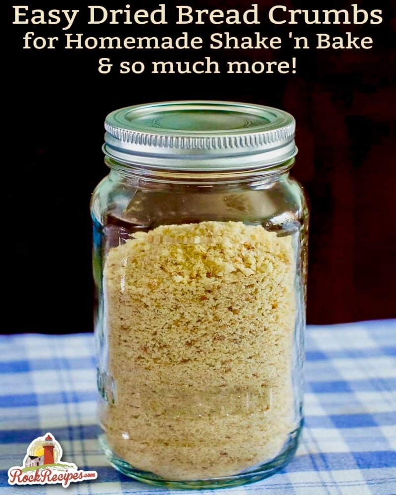 Dried Bread Crumbs Photo of crumbs in a mason jar with title text added for social media posts.