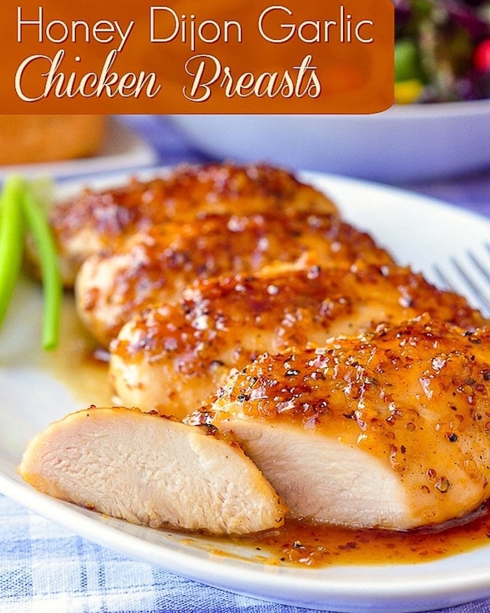 Honey Dijon Garlic Chicken Breasts image with title text addes for social media