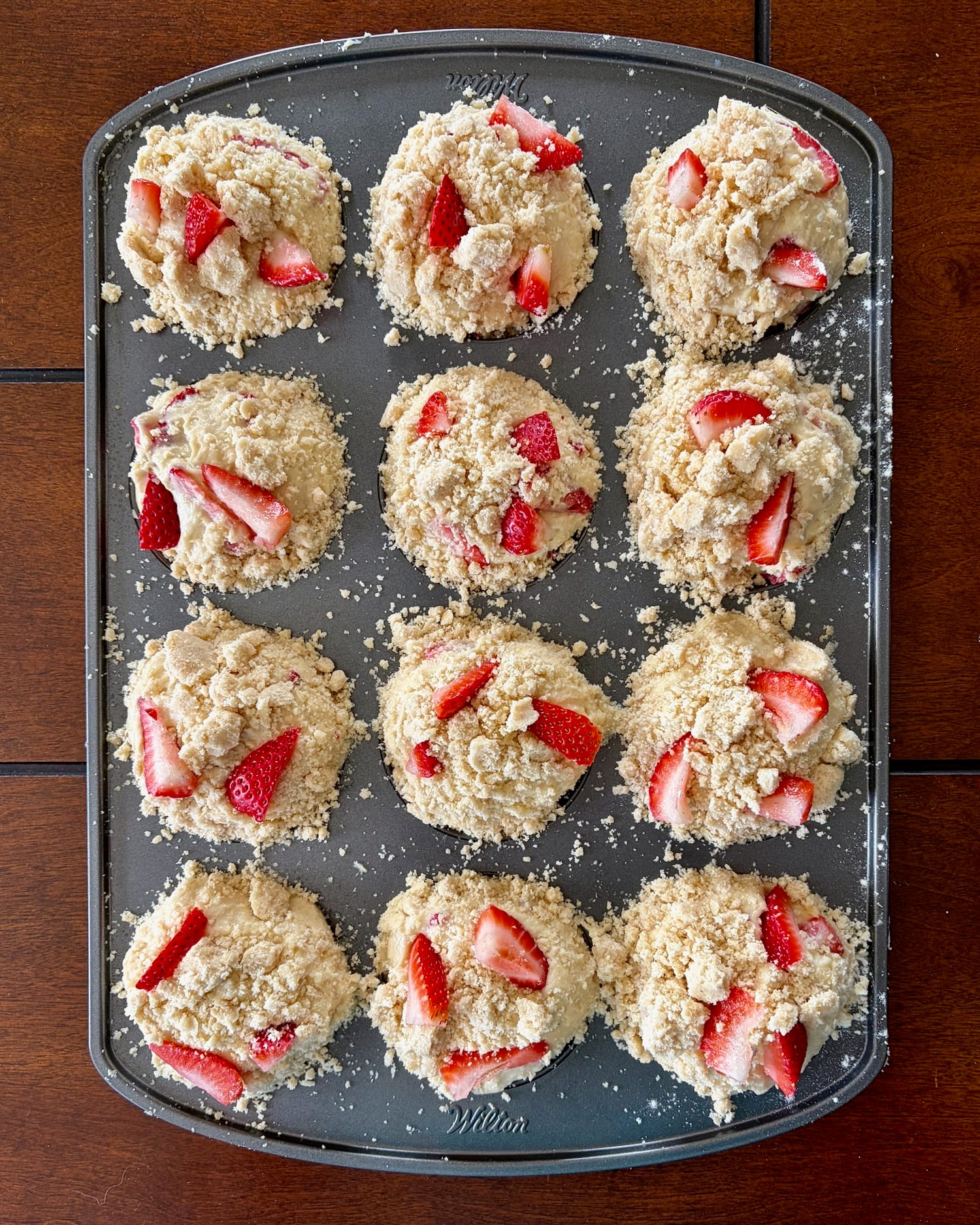 Strawberry Muffins Muffin Tops with Shortbread Crumble ready for the oven