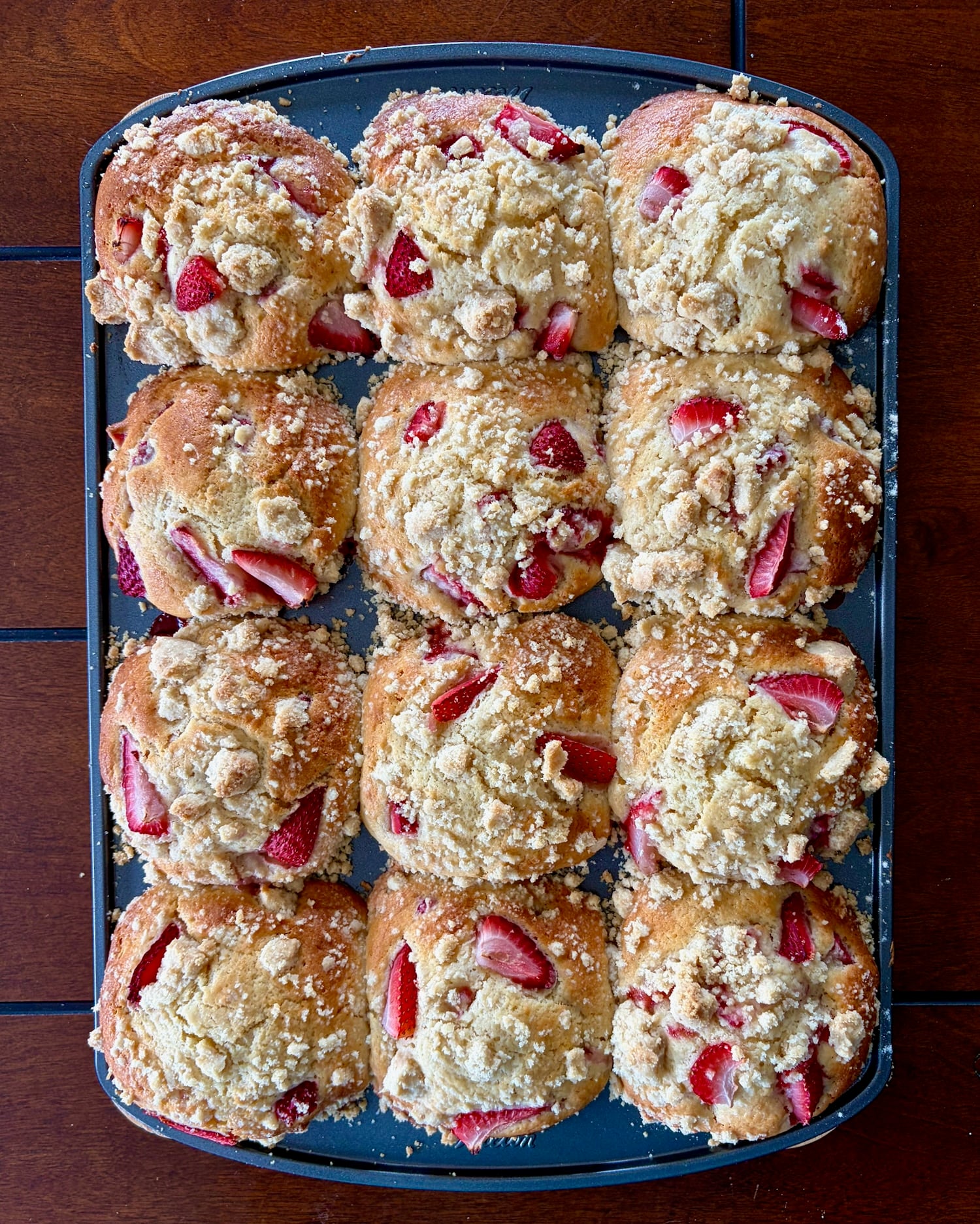 Strawberry Muffins Muffin Tops with Shortbread Crumble just out of the oven