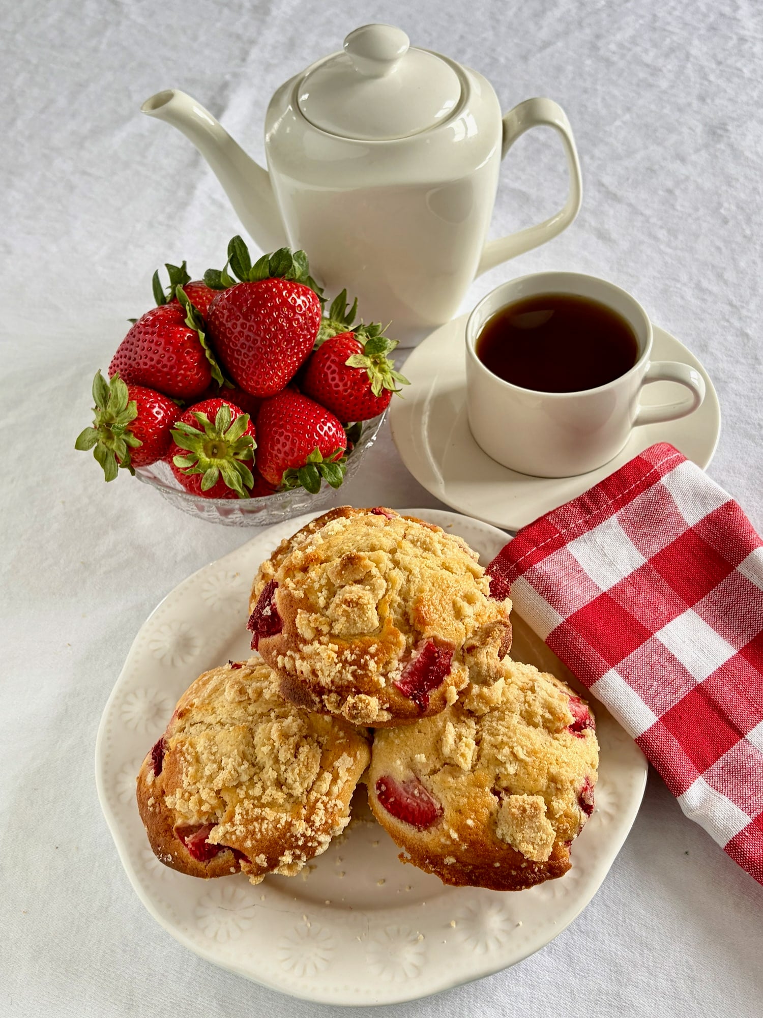 overhead shot of Strawberry Muffins with Shortbread Crumble