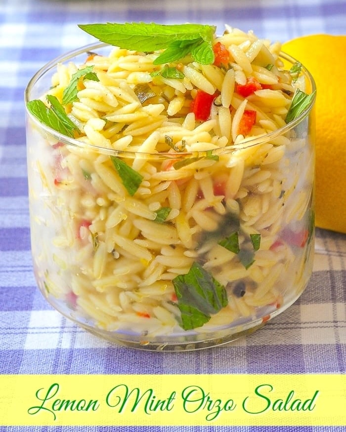 Lemon Mint Orzo Salad photo with title text added for Pinterest