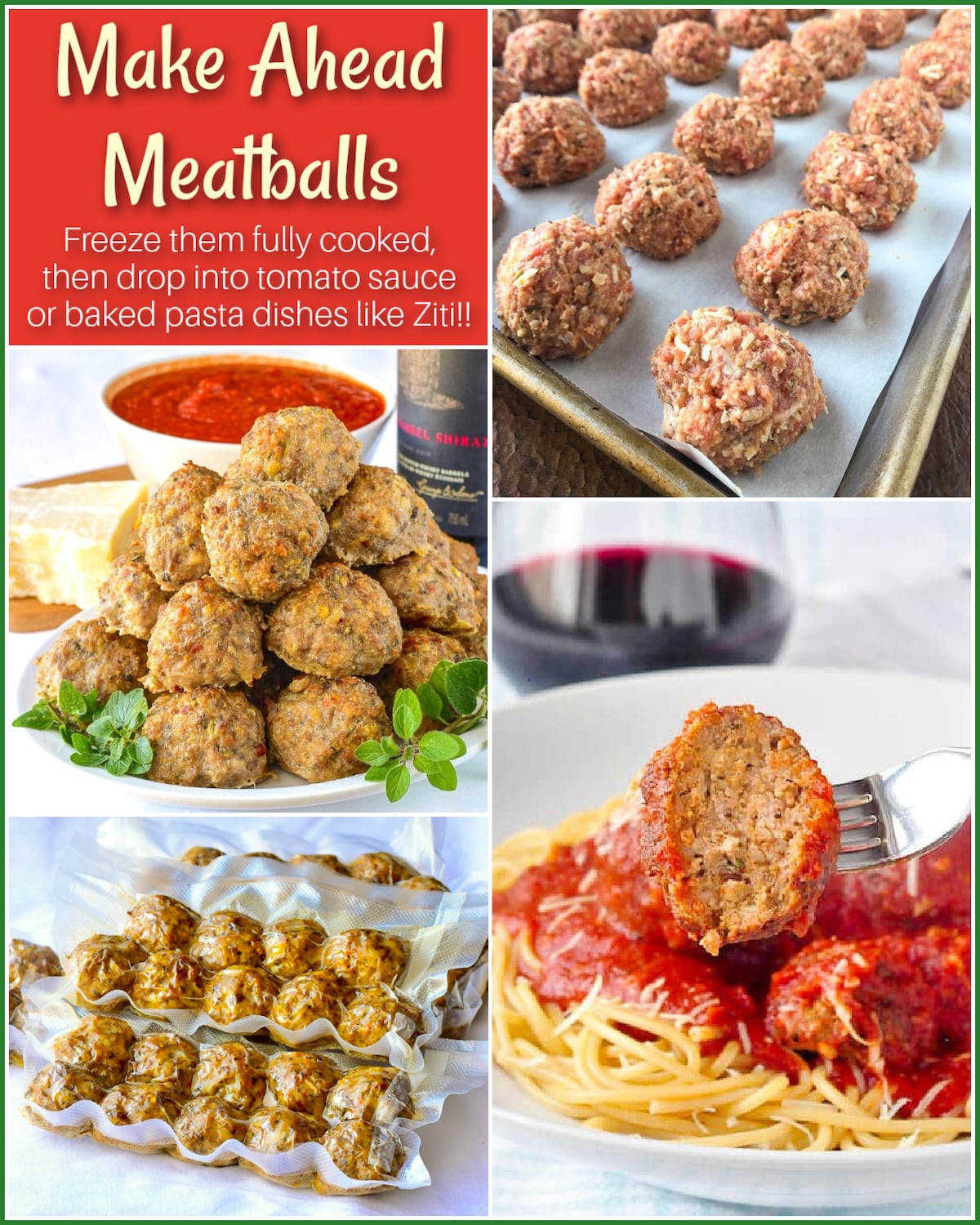 Italian Sausage Meatballs  photo collage for Make Ahead Meatballs with title text added for Pinterest and social media posts