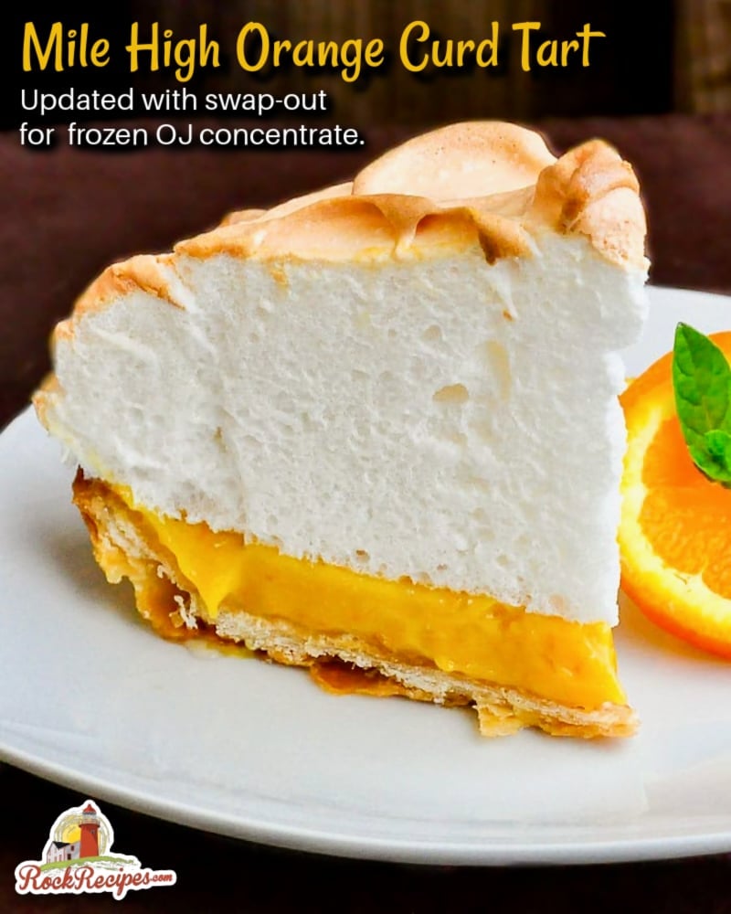 Orange Curd Meringue Tart photo with title text added for social media posts