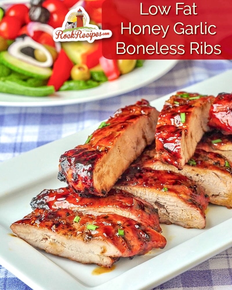 Low Fat Honey Garlic Boneless Ribs image with title text for Pinterest and social media posts.
