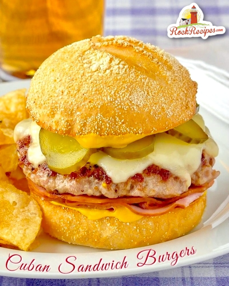 Cuban Sandwich Burger photo with title text added on edge of plate for Pinterest and social media posts
