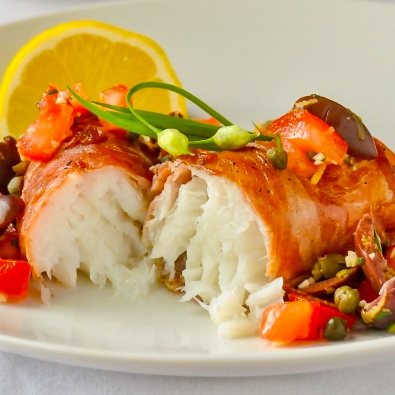 Prosciutto wrapped cod close up photo for featured image