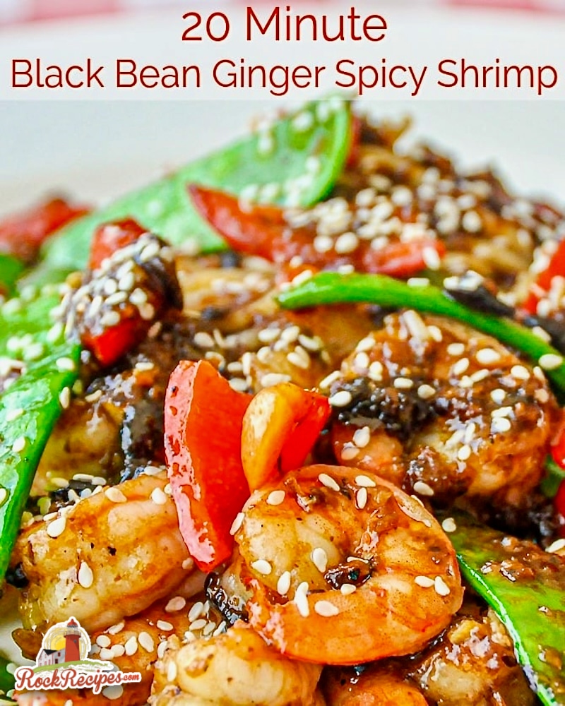 Easy Black Bean Ginger Spicy Shrimp photo with title text for social media.
