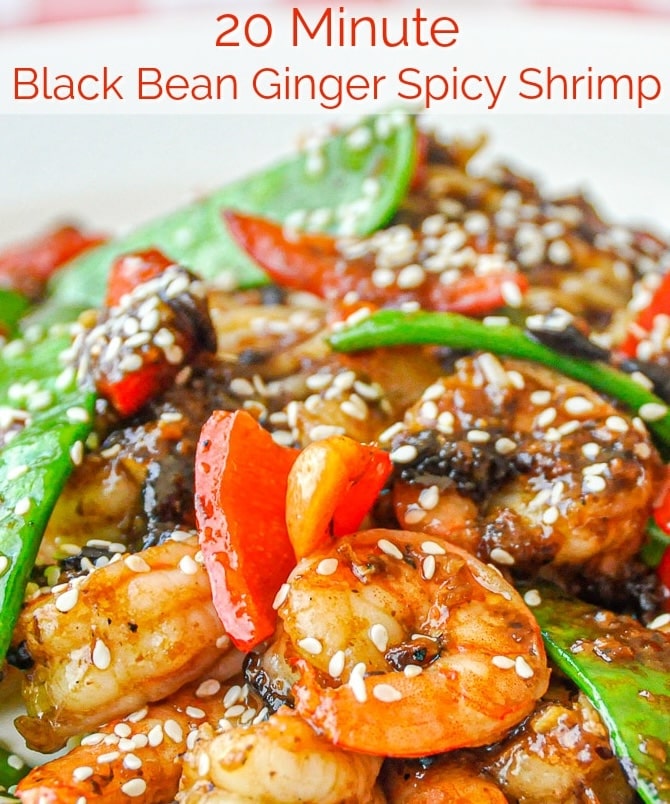 Easy Black Bean Ginger Spicy Shrimp photo with title text for social media.