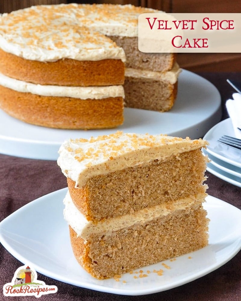 Spice Velvet Cake photo with title text added for social media posts.