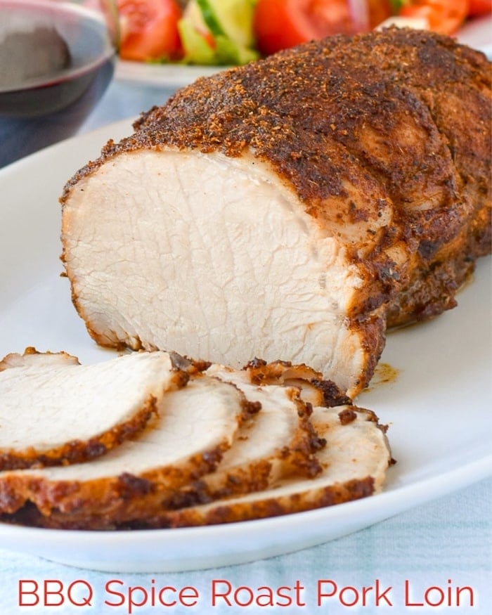 Brined Roast Pork Loin photo with title text added for social media.