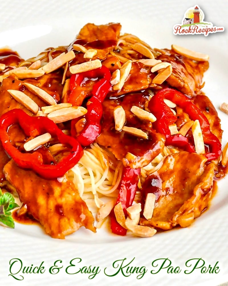 Kung Pao Pork photo with title text added for social media posts/