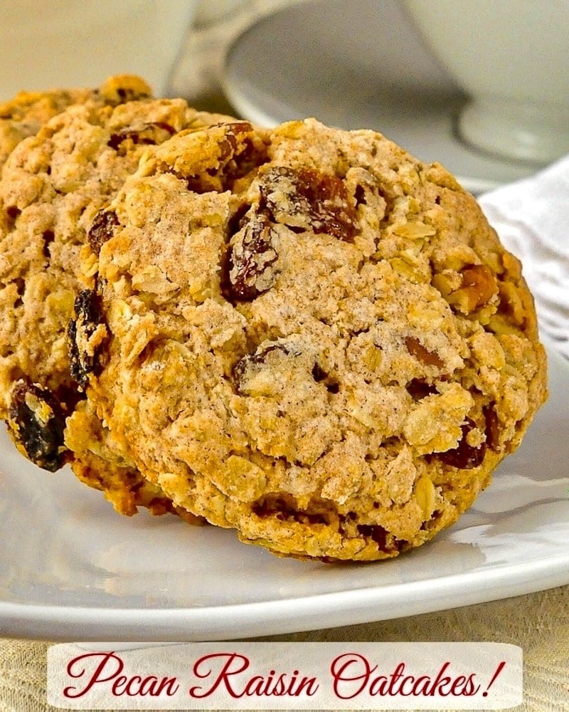 Pecan Raisin Oatcakes photo with title text added for social media posts.