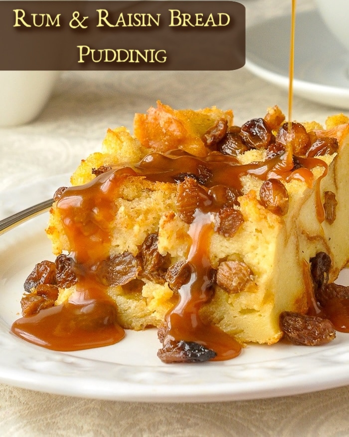 Rum Raisin Bread Pudding pictured s a single serving with title text added for social media