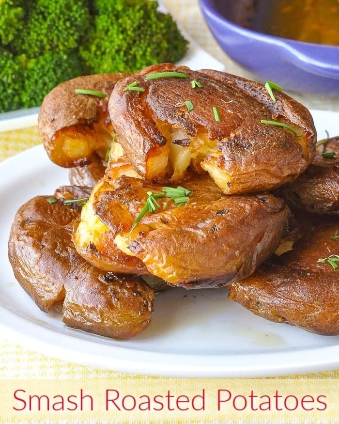 Smash Roasted Potatoes with title text added for Facebook and Instagram