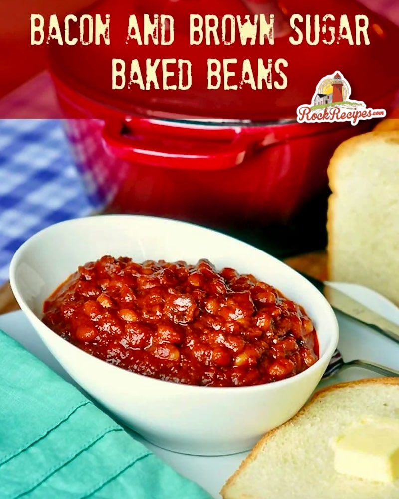 Bacon Brown Sugar Baked Beans photo oif one serving with title text added for social media posts.