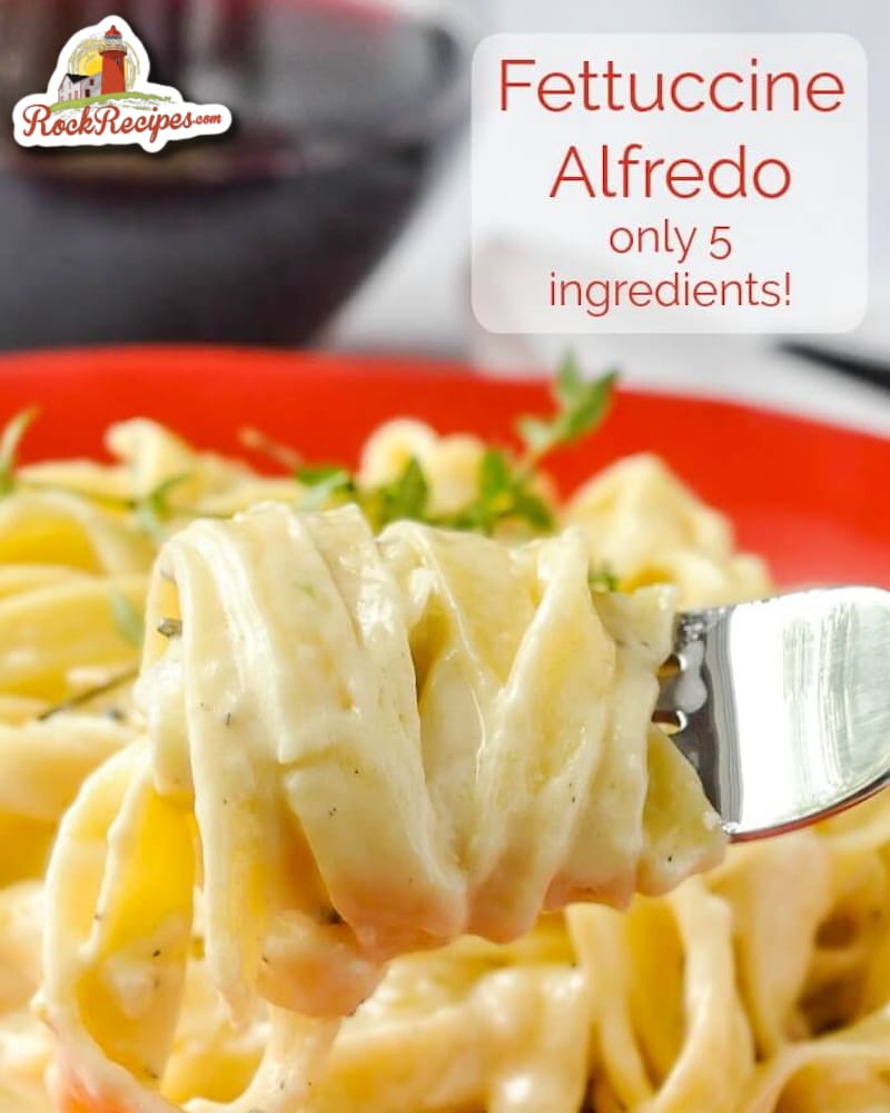 Fettuccine Alfredo image with title text added for social media posts