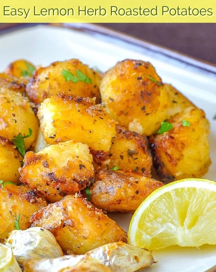 Lemon Herb Roasted Potatoes photo with title text for social media.