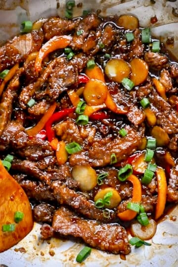 Mongolian Beef close up photo in a wok