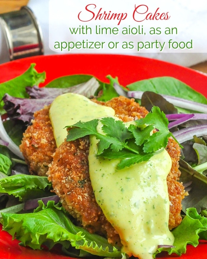 Shrimp Cakes with lime aioli photo with title text for social media.