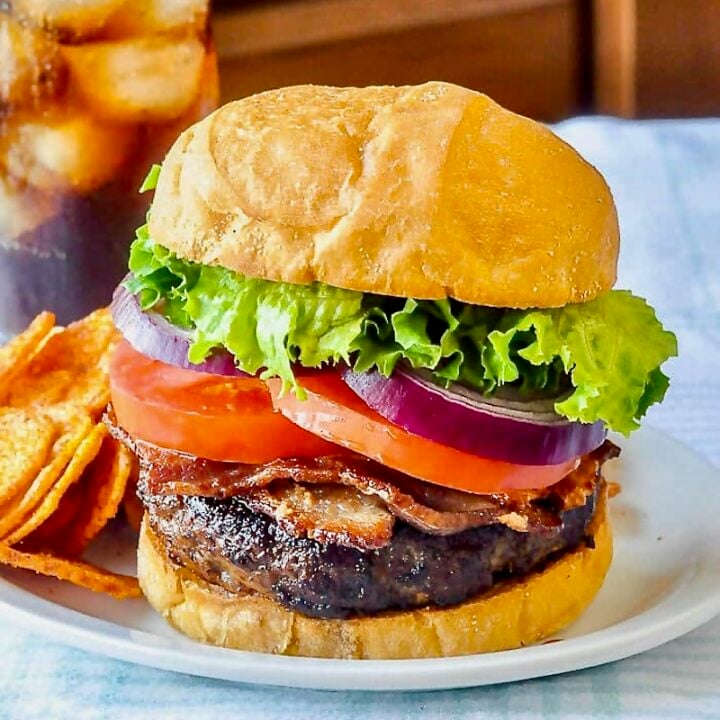 Smoked Paprika and Cheddar Burger CLOSE UP PHOTO OF ONE COMPLETED BURGER FOR GOOGLE FEATURED IMAGE.