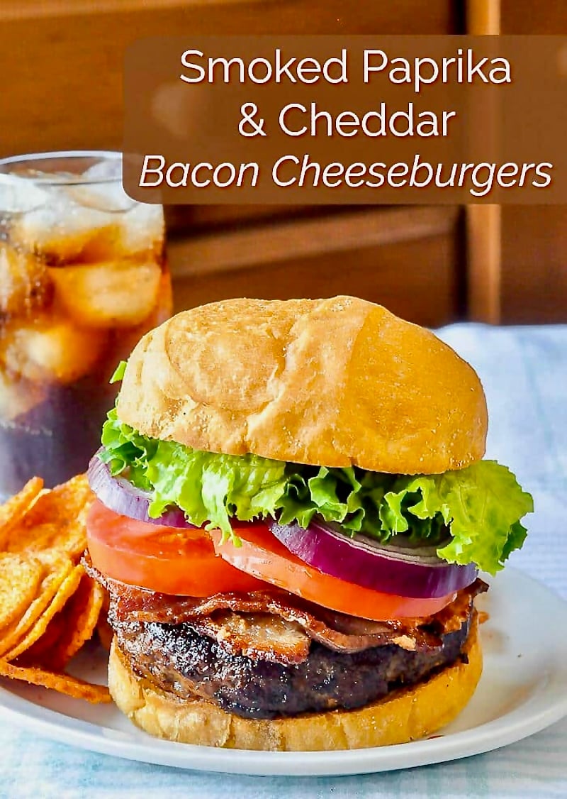 Smoked Paprika and Cheddar Burgers photo of one burger with title text added for Pinterest.