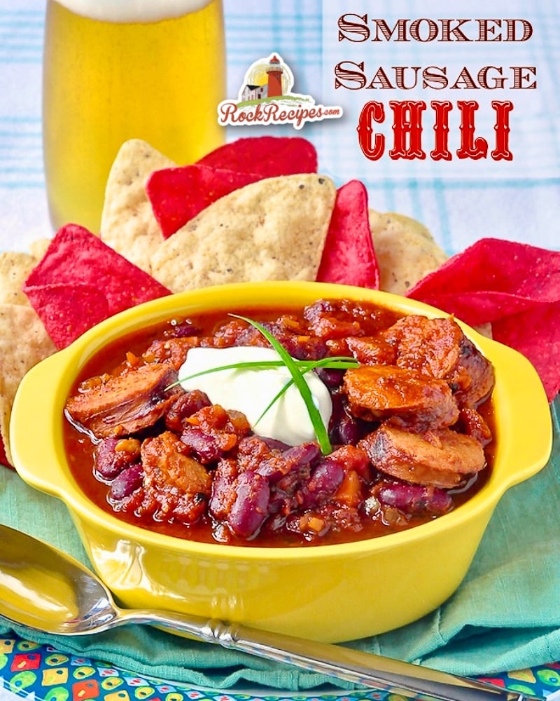 Smoked Sausage Chili photo with title text for social media posts.