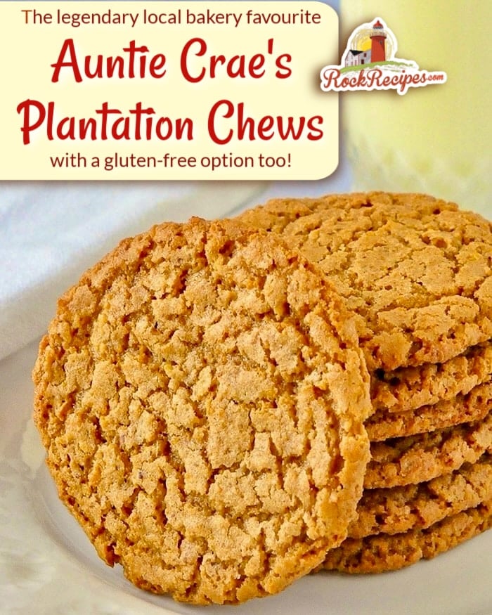 Close up photo of Auntie Crae's Plantation Chews with title text and rock recipes logo added for social media posts.