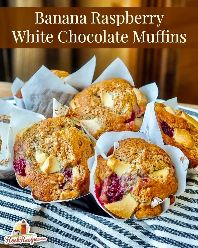 Banana Raspberry White Chocolate Muffins with title text added for social media posts.