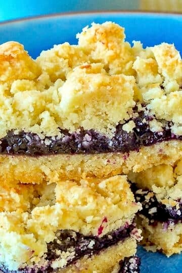 Blueberry Coconut Crumble Bars close up photo of cookie bars on a blue plate.