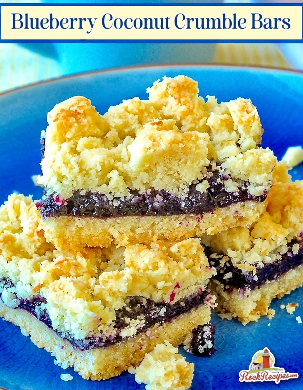 Blueberry Coconut Crumble Bars photo with title text for social media posts.