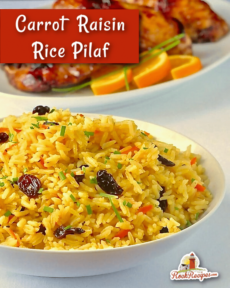 Carrot Raisin Rice Pilaf photo with title text added for social media posts.