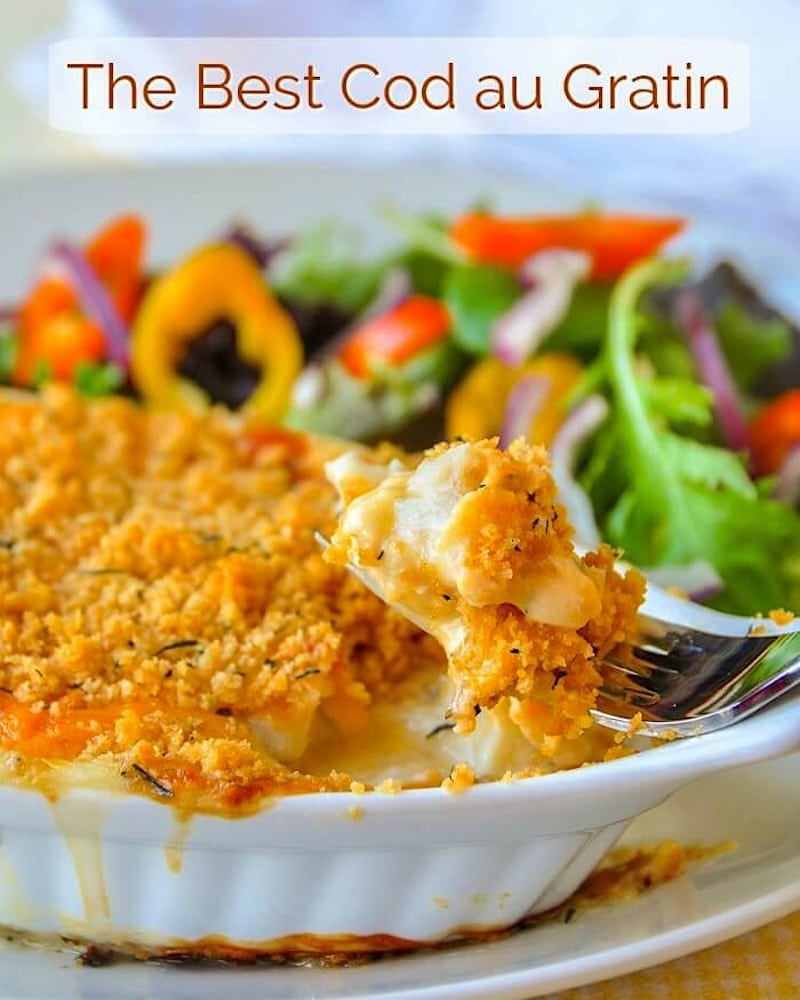 Cod au Gratin with title text added for social media.