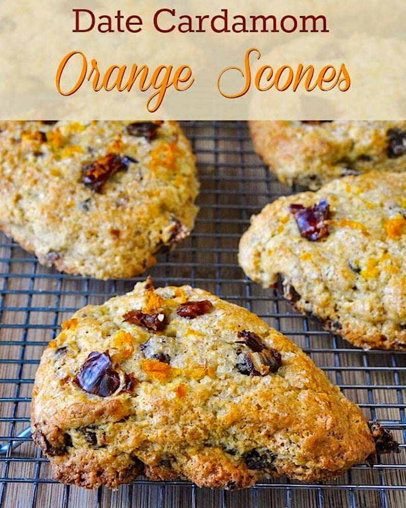 Date Cardamom Orange Scones image with title text added for social media posting.