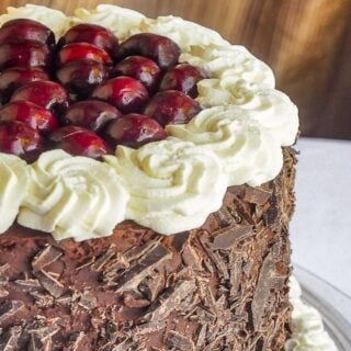 Double Chocolate Black Forest Cake close up photo of top of cake