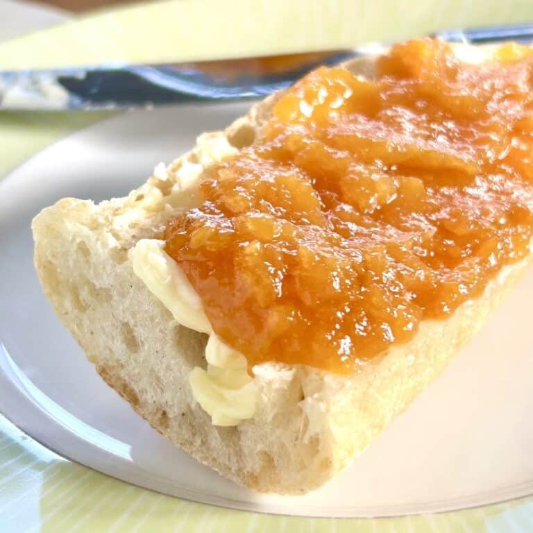 Close up featured image of Fakeapple jam on buttered baguette