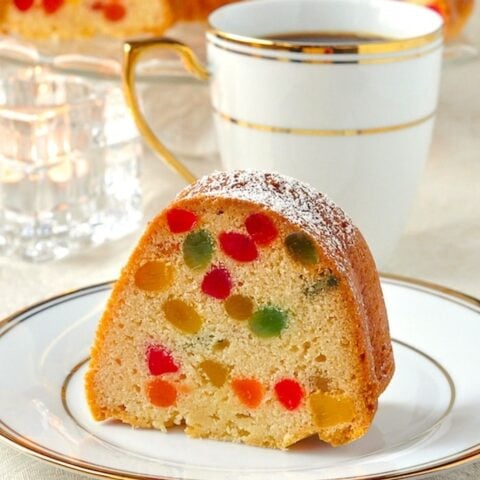 Close up photo of a slice of Gumdrop Cake.